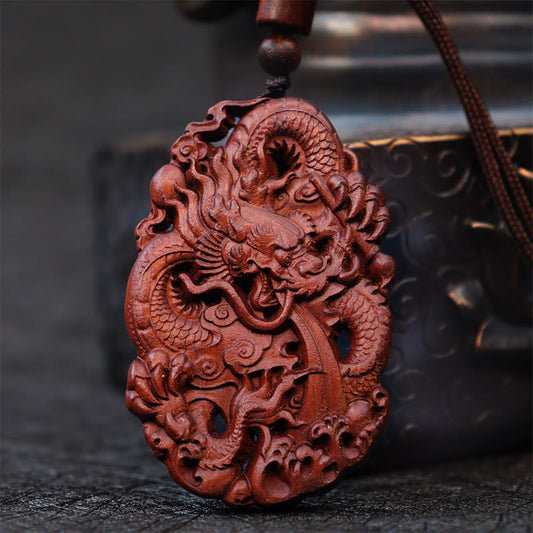 Mythstone Lightning Struck Jujube Wood Double Dragon Relief Ward Off Evil Spirits Necklace Pendant