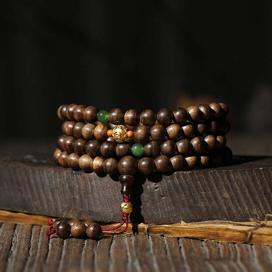 Mythstone 999 Gold 108 Mala Beads Kalimantan Agarwood Cyan Jade Six True Words Strength Bracelet