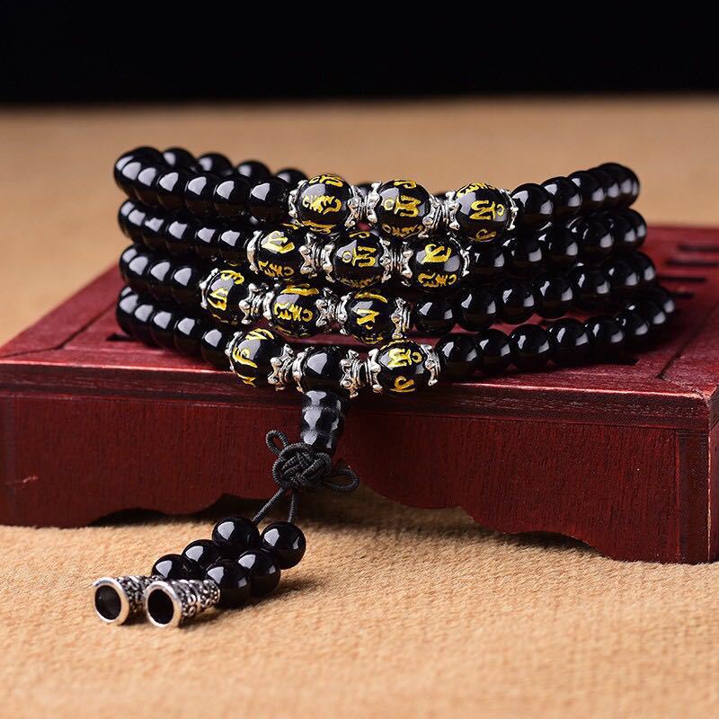 MythStone Black Obsidian Six True Words Protection Mala Bracelet