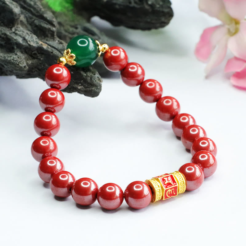 Mythstone Natural Cinnabar Green Agate Om Mani Padme Hum Pattern Blessing Bracelet