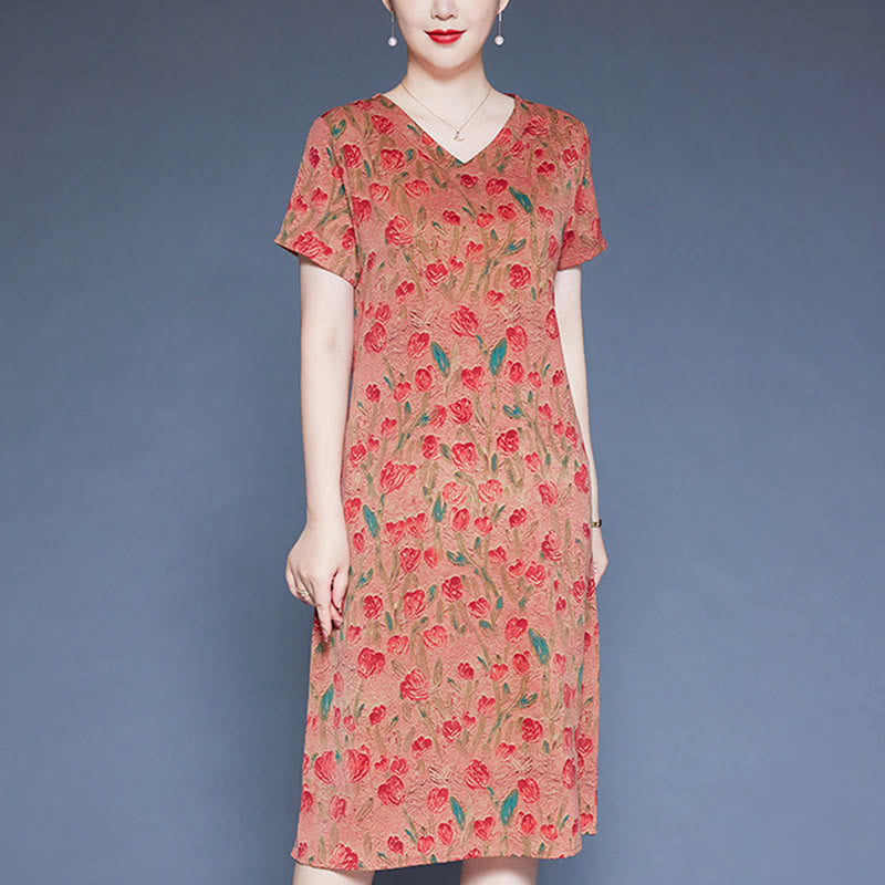 Mythstone V-Neck Tulip Flowers Short Sleeve Midi Dress With Pockets