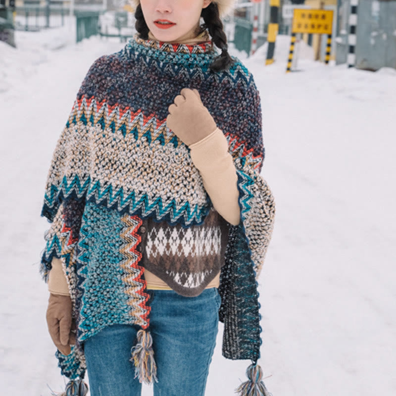 Chal tibetano Mythstone con estampado ondulado azul, beige y rojo, bufanda cálida con borlas para el invierno