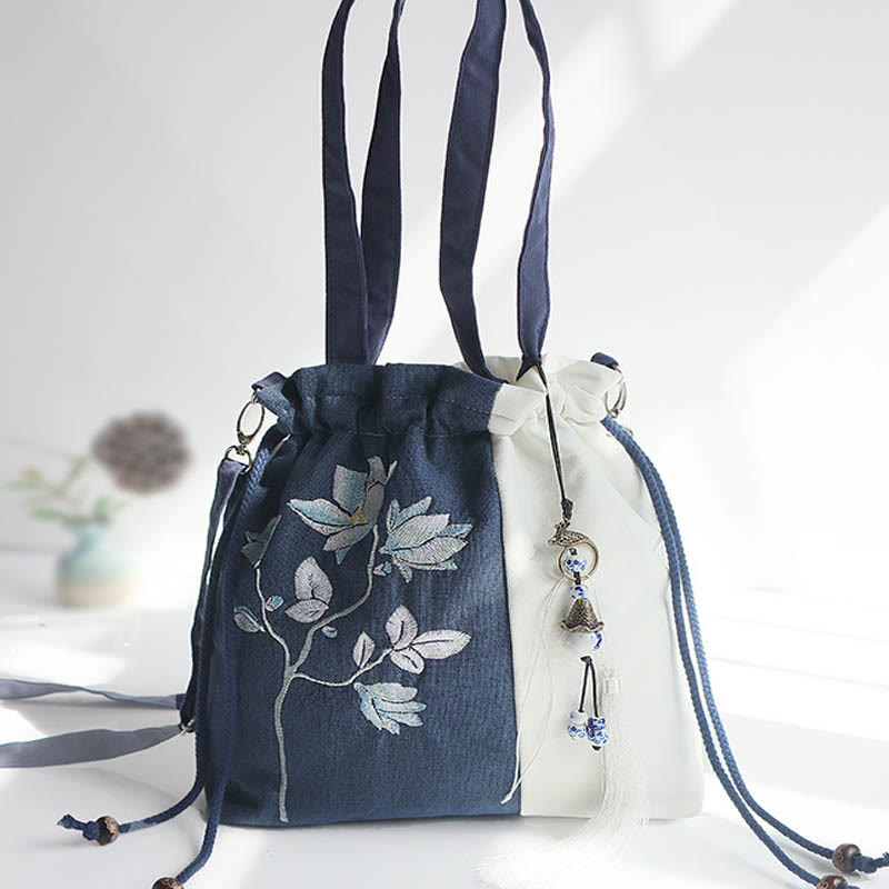 Mythstone Embroidered Grass Flowers Cherry Blossom Canvas Tote Crossbody Bag Shoulder Bag Handbag