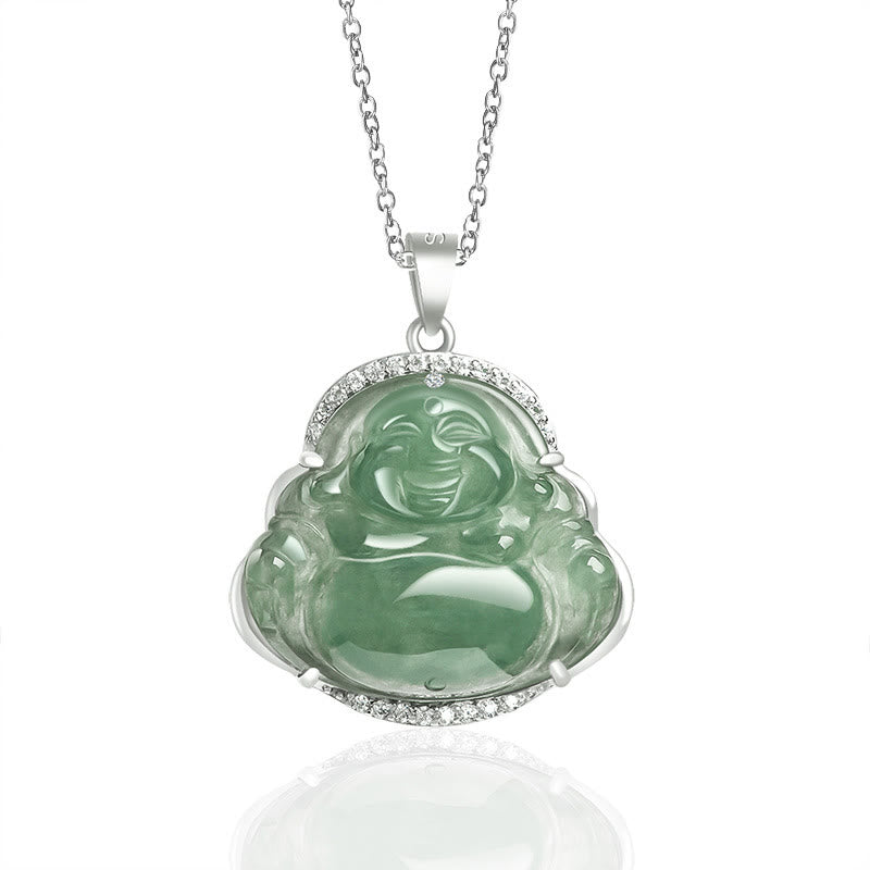 Mythstone 925 Sterling Silver Laughing Buddha Natural Jade Luck Prosperity Necklace Chain Pendant