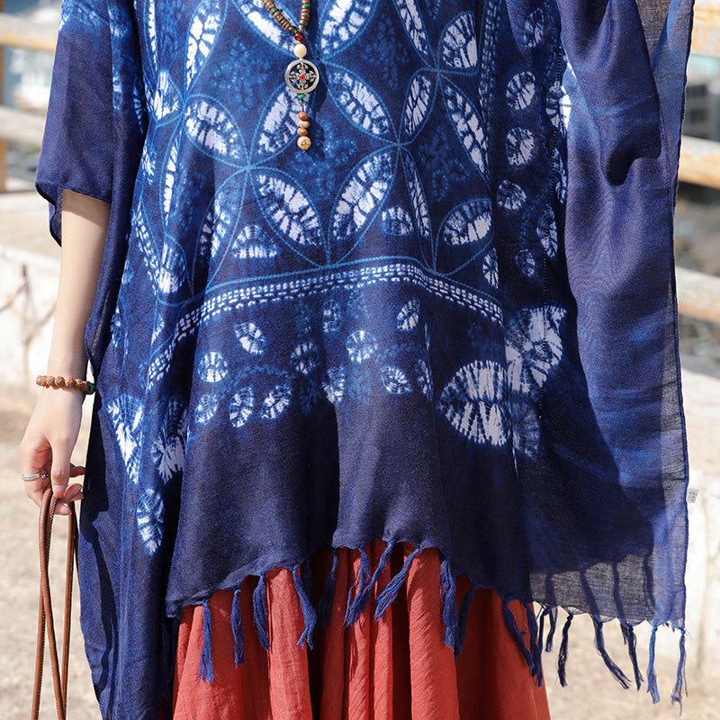 Mythstone Blue Flower Indigo Dyeing Shawl Tassels Cozy Pullover 90*95cm