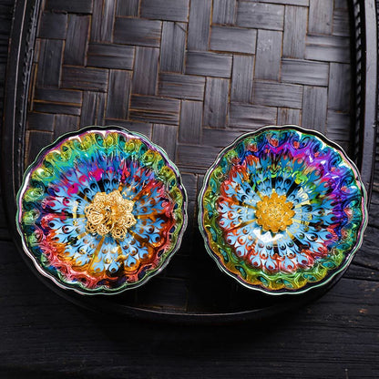 Mythstone Vivid Peacock Lotus Gold Inlaid Design Colorful Chinese Jianzhan Ceramic Teacup Kung Fu Tea Cup