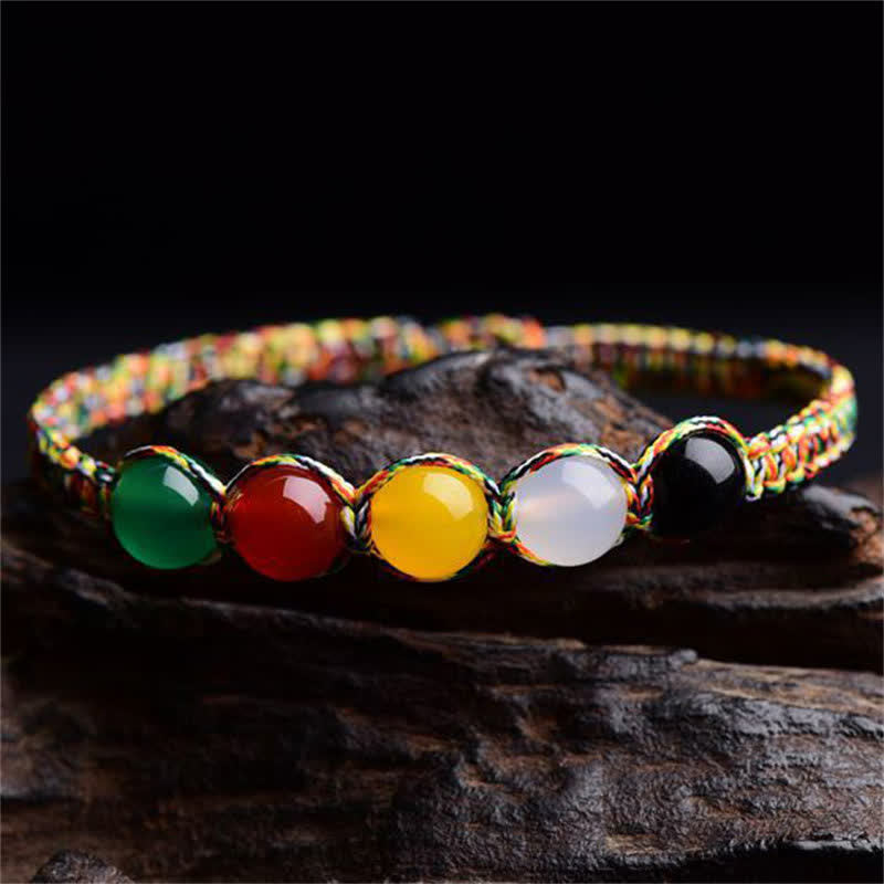 Pulsera de hilo con cinco elementos de piedra mitológica, ágata colorida, metal, madera, agua, fuego y tierra