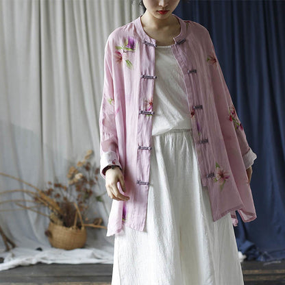 Mythstone Pink Flower Print Frog-button Design Batwing Long Sleeve Ramie Linen Jacket Shirt