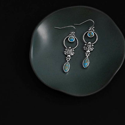 Mythstone 925 Sterling Silver Vintage Turquoise Waterdrop Pattern Balance Drop Dangle Earrings