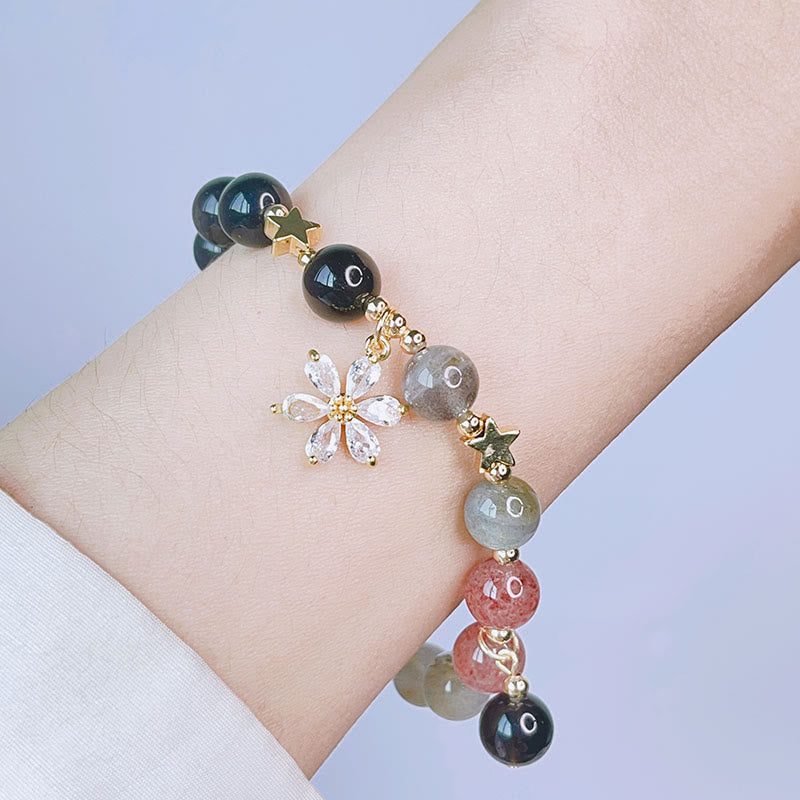 Pulsera de protección con forma de corazón, estrella y flor de obsidiana con brillo de plata natural Mythstone