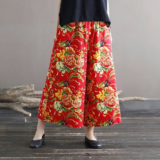 Mythstone Red Peony Flowers Cotton Linen Wide Leg Pants With Pockets