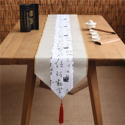 Mythstone Classic Chinese Style Lotus Koi Fish Flower Crane Calligraphy Enlightenment Cotton Linen Tassels Table Runner