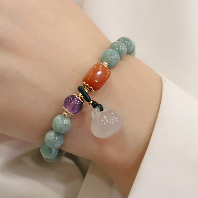 Pulsera curativa de cristal de amatista con hebilla de paz y loto de jade cian y calabaza Mythstone