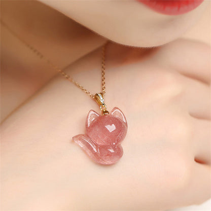 Mythstone 14k Gold Plated 925 Sterling Silver Strawberry Quartz Fox Healing Necklace Pendant