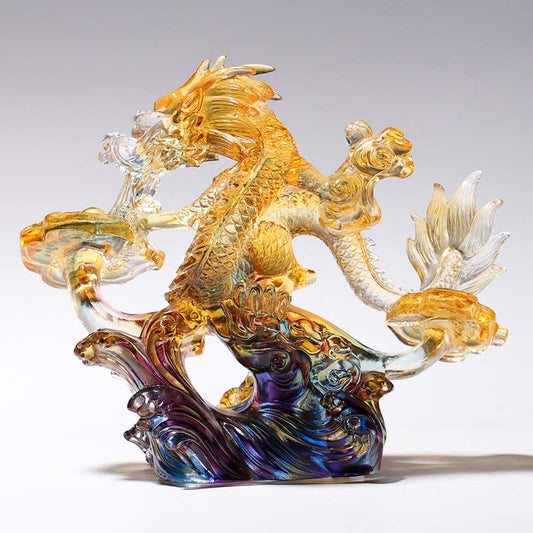 Mythstone Year of the Dragon Handmade Ruyi Handle Liuli Crystal Art Piece Protection Home Office Decoration