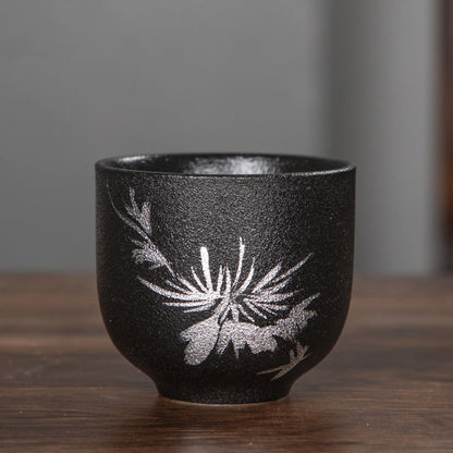 Mythstone Hand Painted Lotus Flower Bamboo Chrysanthemum Black Pottery Ceramic Teacup Kung Fu Tea Cup 95ml