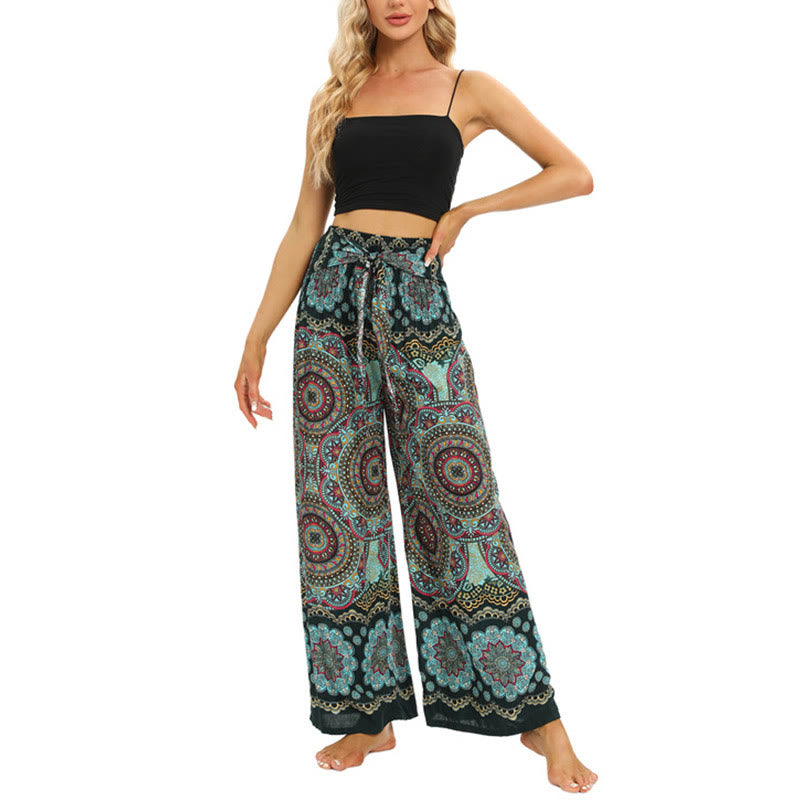 Mythstone Boho Mandala Print Lace-up Wide Leg Pants Women's Yoga Pants