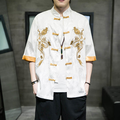 Mythstone Frog-Button Chinese Dragon Embroidery Half Sleeve Shirt Linen Men Clothing