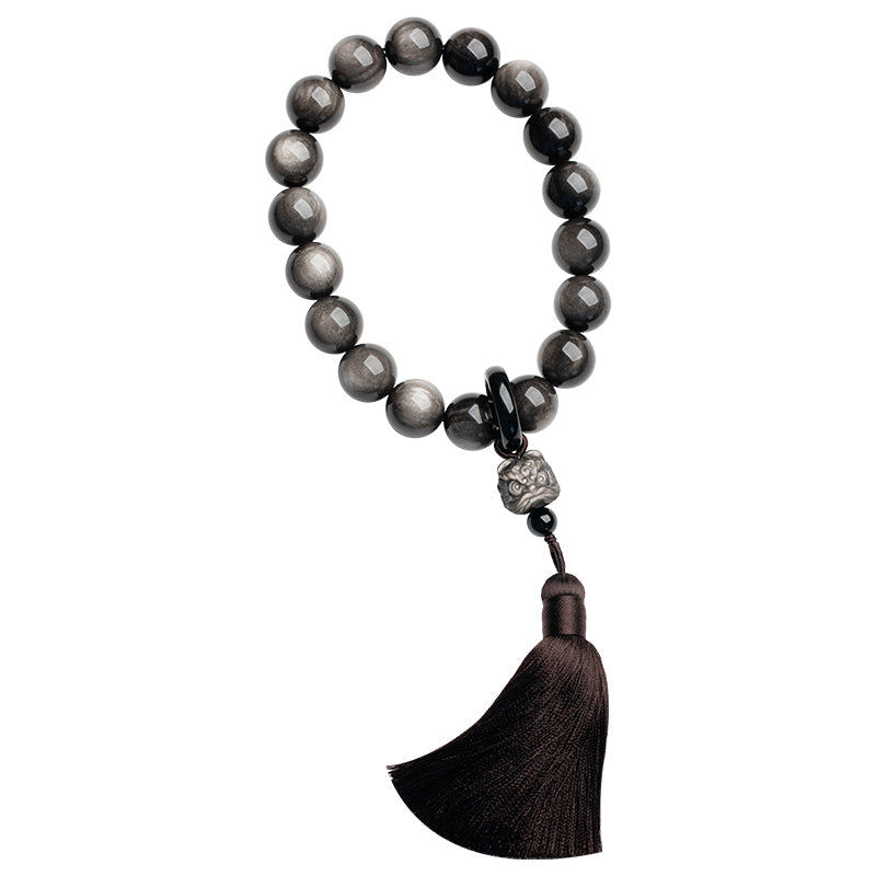 Mythstone Natural Silver Sheen Obsidian Black Obsidian Lion Wrist Mala Protection Tassels Pocket Mala Car Decoration