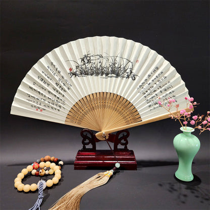 Mythstone A Panorama Of Rivers And Mountains Cranes Orchid Flower Paper Bamboo Handheld Silk Bamboo Folding Fan 22cm