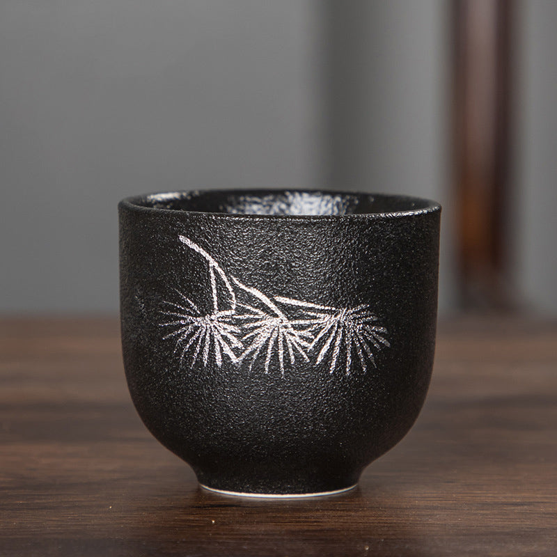 Mythstone Hand Painted Lotus Flower Bamboo Chrysanthemum Black Pottery Ceramic Teacup Kung Fu Tea Cup 95ml