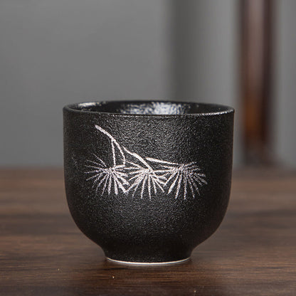 Mythstone Hand Painted Lotus Flower Bamboo Chrysanthemum Black Pottery Ceramic Teacup Kung Fu Tea Cup 95ml