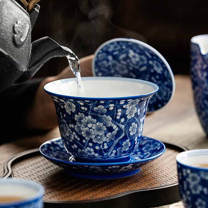 Mythstone Plum Blossom Blue And White Porcelain Ceramic Gaiwan Sancai Teacup Kung Fu Tea Cup And Saucer With Lid 185ml