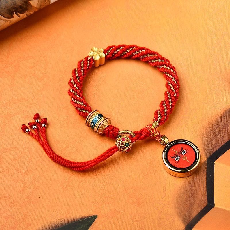 Pulsera de hilo tejido con amuleto Thangka de los cinco dioses de la riqueza y la suerte hecha a mano con forma de rueda de oración y flores de Mythstone Tibet