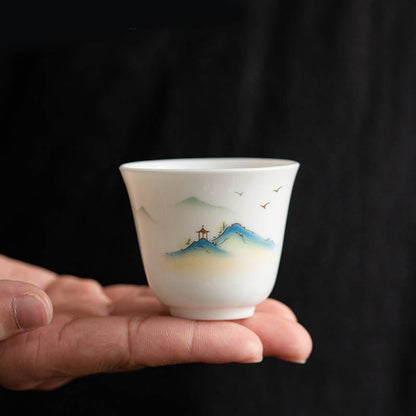 Mythstone Lotus Flower Leaf Mountain Pavilion Elk Peony Ceramic Teacup Kung Fu Tea Cup