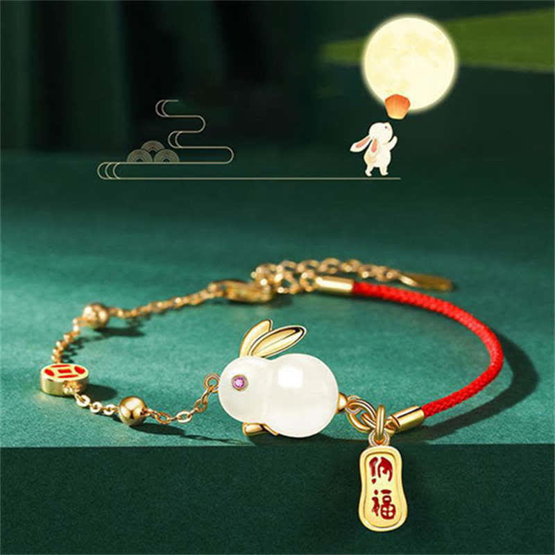 Mythstone Year of the Rabbit White Jade Happiness Red String Chain Bracelet