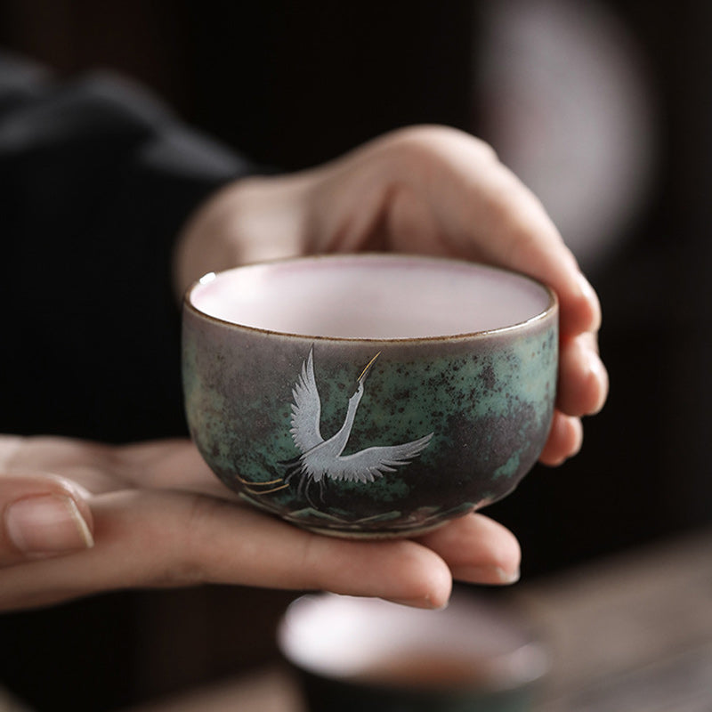 Mythstone Auspicious Crane Ceramic Teacup Kung Fu Tea Cup Bowl