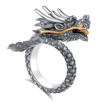 Mythstone 925 Sterling Silver Vintage Dragon Design Protection Strength Adjustable Ring