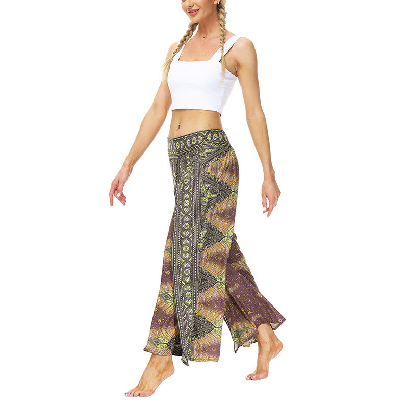 Mythstone Boho Geometric Feather Split Thigh Wide Leg Pants Sports Fitness Dance Women's Yoga Pants