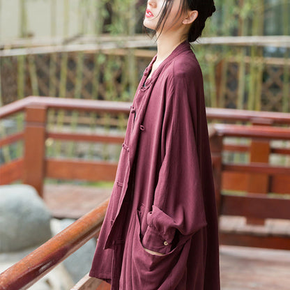 Mythstone Frog-Button Long Sleeve Zen Meditation Open Front Jacket With Pockets