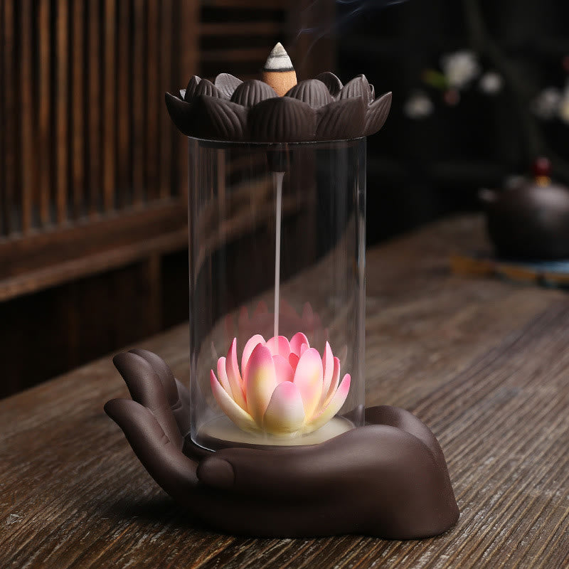 Mythstone Buddha Hand Lotus Enlightenment LED Light Purple Clay Ceramic Incense Burner Decoration