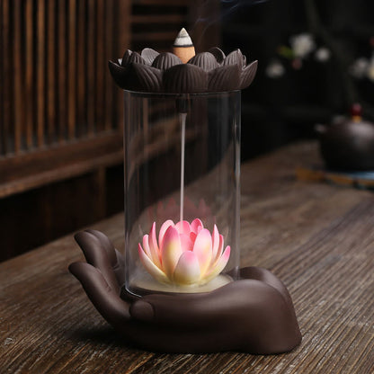 Mythstone Buddha Hand Lotus Enlightenment LED Light Purple Clay Ceramic Incense Burner Decoration