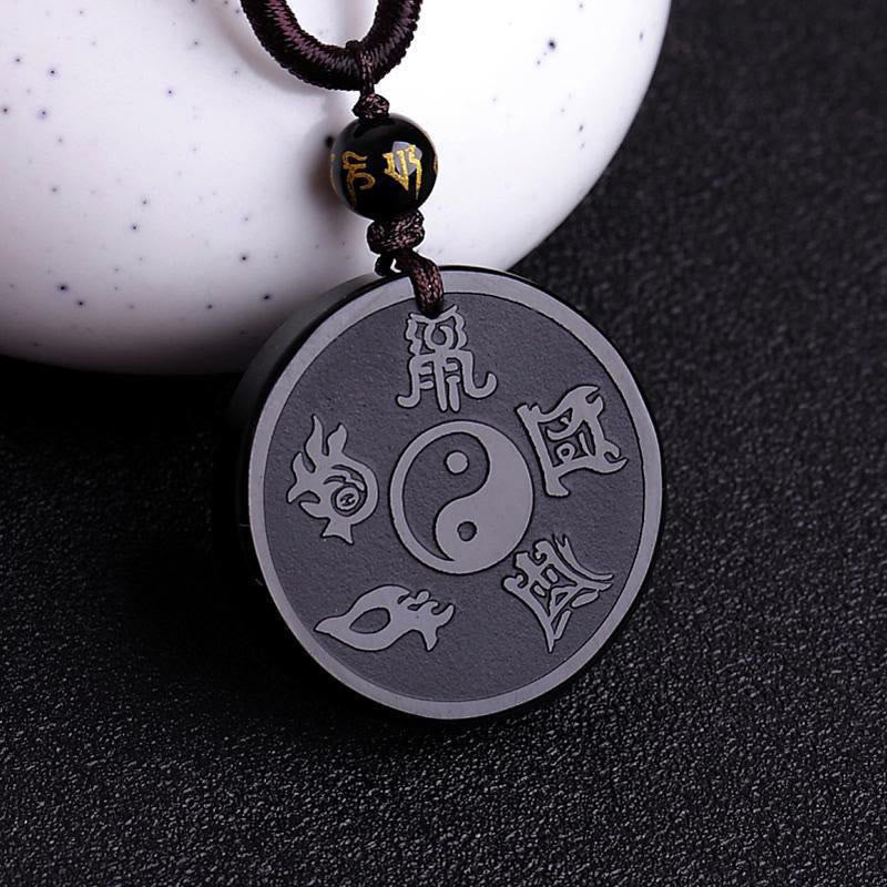 Mythstone Natural Black Obsidian Taoism Five Sacred Mountains Nine-Character Mantra Carved Strength Yin Yang Necklace Pendant Key Chain