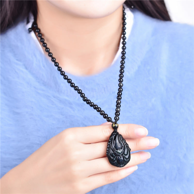 Mythstone Natural Rainbow Obsidian Nine Tailed Fox Inner Peace Necklace Beaded String Pendant