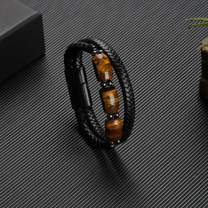 Mythstone Natural Tiger Eye Protection Willpower Magnetic Buckle Leather Bracelet