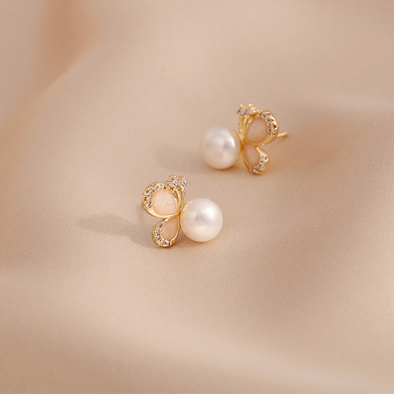 Mythstone 18K Gold Pearl Butterfly Love Freedom Stud Earrings