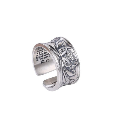 Anillo de protección con sutra del corazón y flor de loto en plata de ley 999 de Mythstone