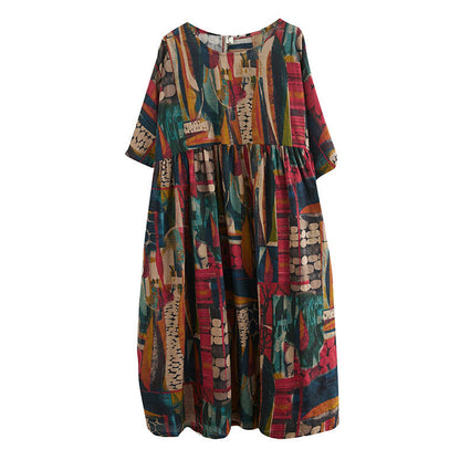 Mythstone Colorful Graphics Midi Dress Cotton Half Sleeve Tunic Dress With Pockets