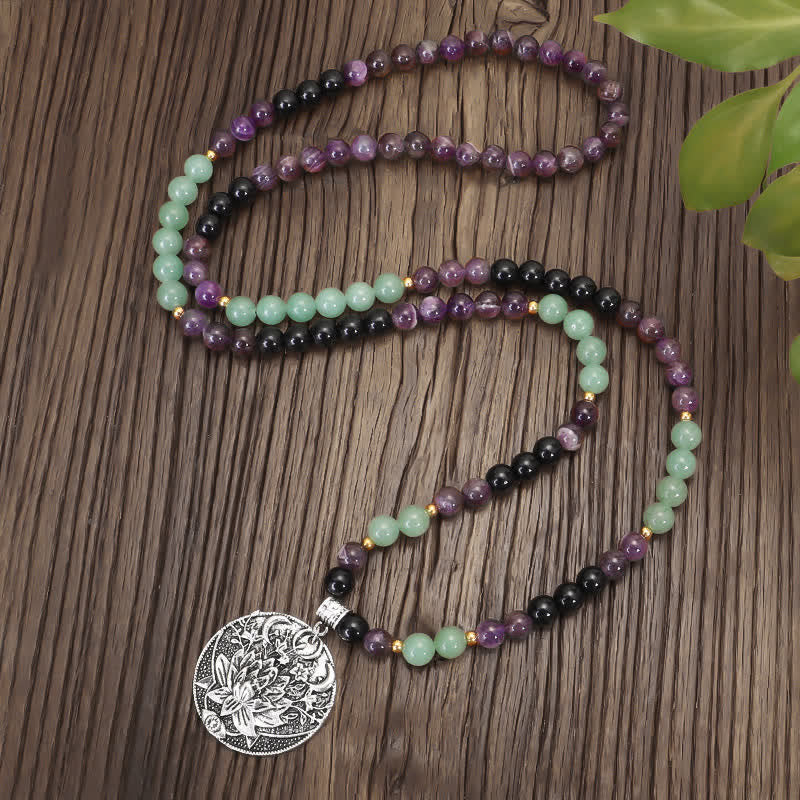 Mythstone 108 Mala Beads Amethyst Green Aventurine Lotus Meditation Bracelet