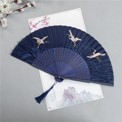 Mythstone Crane Dragonfly Lotus Peony Plum Blossom Butterfly Handheld Silk Bamboo Folding Fan 22.5cm