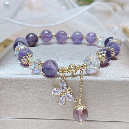 Mythstone Natural Amethyst Crystal Spiritual Butterfly Charm Bracelet