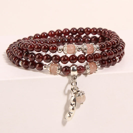 Mythstone Natural Garnet Strawberry Quartz Green Beans PiXiu Protection Triple Wrap Bracelet