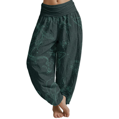 Pantalones harén con cintura elástica para mujer con estampado floral de peces koi de Mythstone 