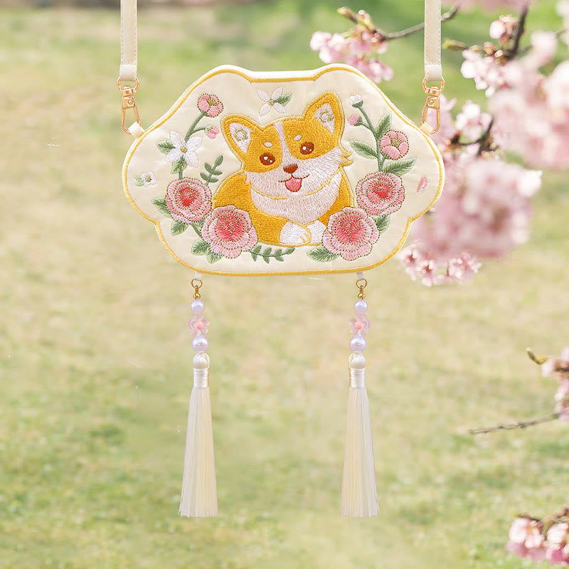 Mythstone Embroidery Lucky Panda Cat Shiba Inu Deer Rabbit Fox Flower Cute Animal Hanfu Bag Crossbody Bag Shoulder Bag