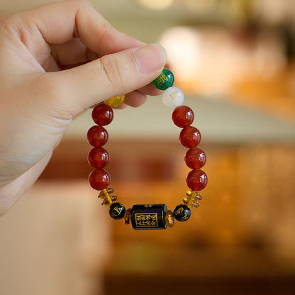 Pulsera de la sabiduría y la riqueza con ágata roja y ónix negro de cinco elementos Mythstone