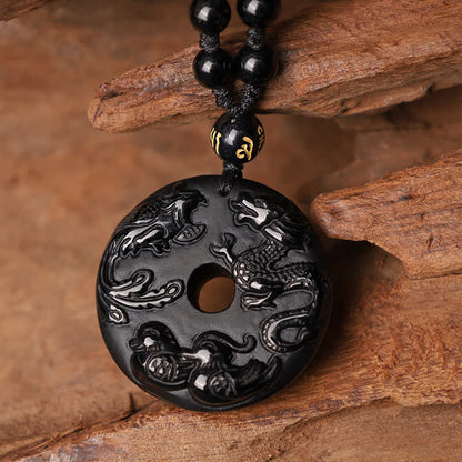 Mythstone Black Obsidian Dragon Phoenix Mandarin Duck Luck Protection Necklace Pendant